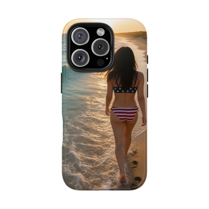 Beach Sunset Phone Case — American Flag Bikini Girl Tough Protective Cover