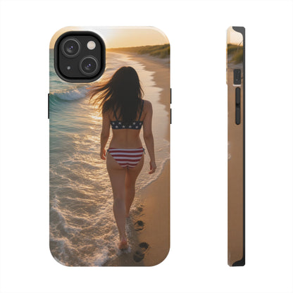 Beach Sunset Phone Case — American Flag Bikini Girl Tough Protective Cover