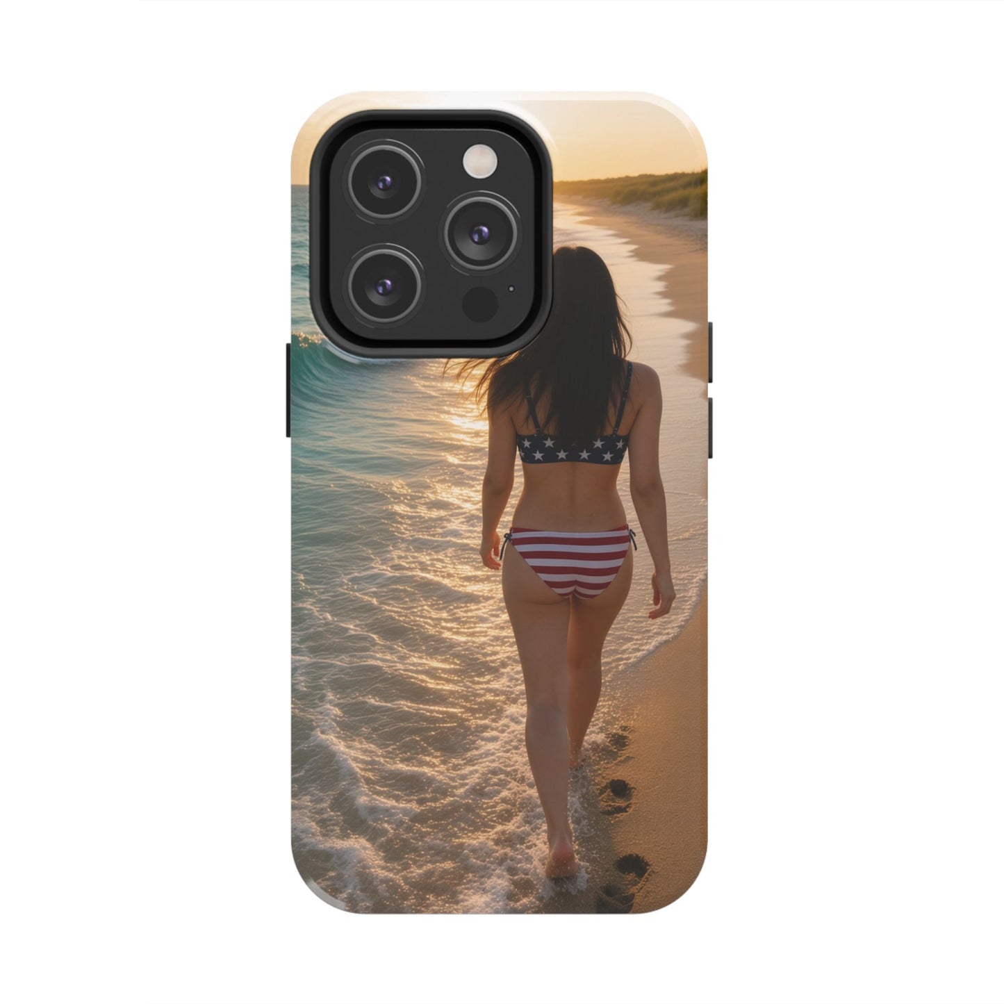Beach Sunset Phone Case — American Flag Bikini Girl Tough Protective Cover