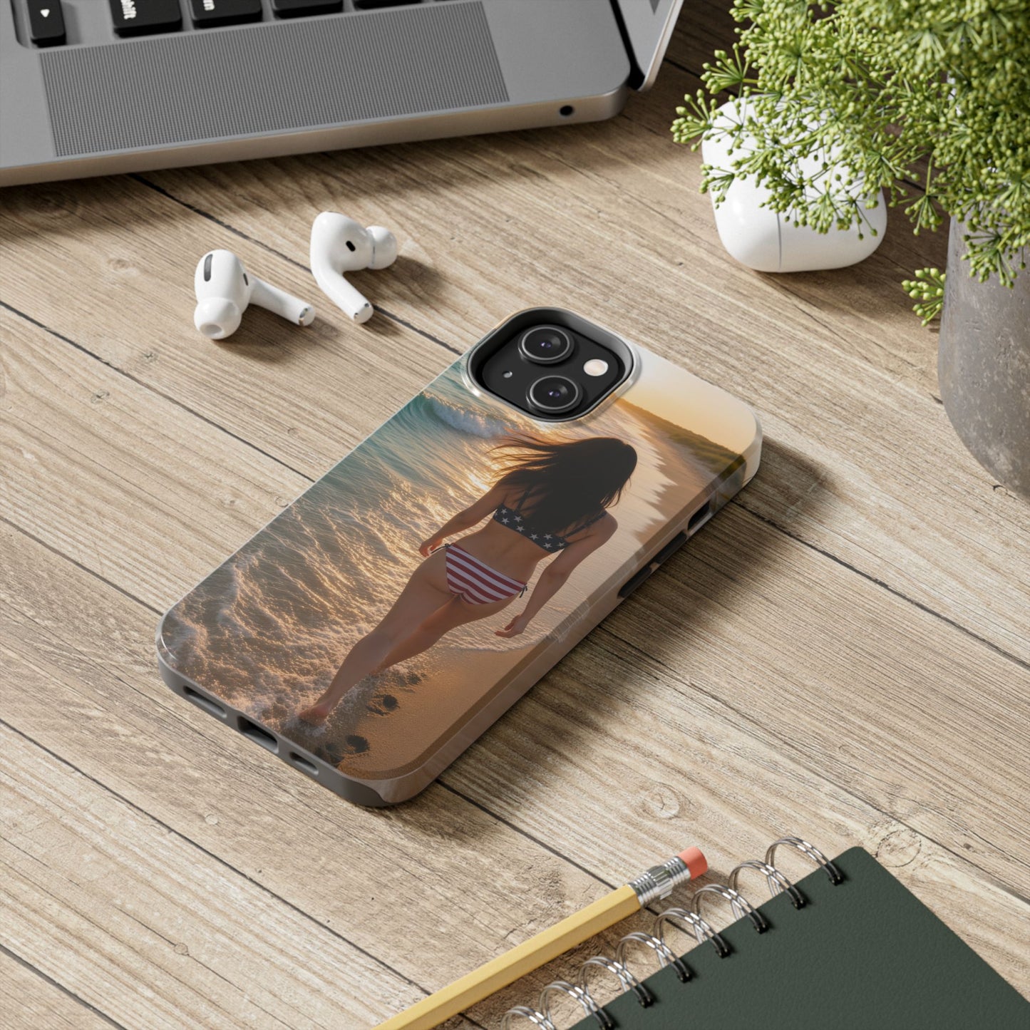 Beach Sunset Phone Case — American Flag Bikini Girl Tough Protective Cover