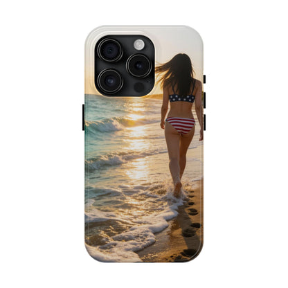 Beach Sunset Phone Case — American Flag Bikini Girl Tough Protective Cover